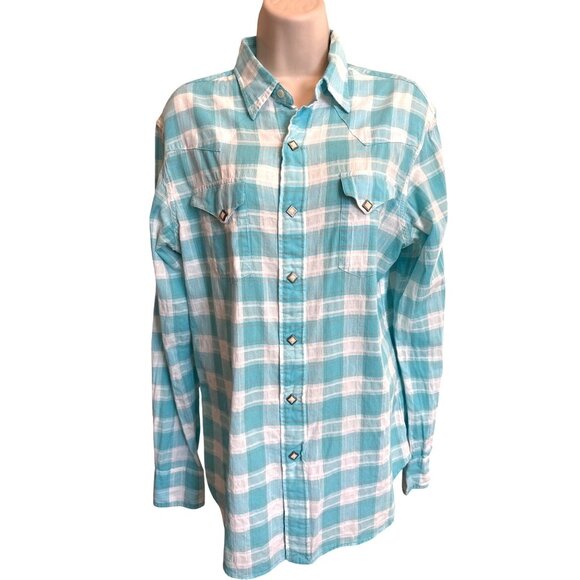 Polo Ralph Lauren Western Diamond Pearl Snap Shirt Women's M Turquoise Plaid - Picture 1 of 14